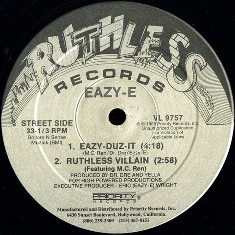 Eazy-E ‎– Eazy-Duz-It / Ruthless Villain / Radio VG- (Low) 12" Single 1988 Ruthless USA - Hip Hop / Gangsta