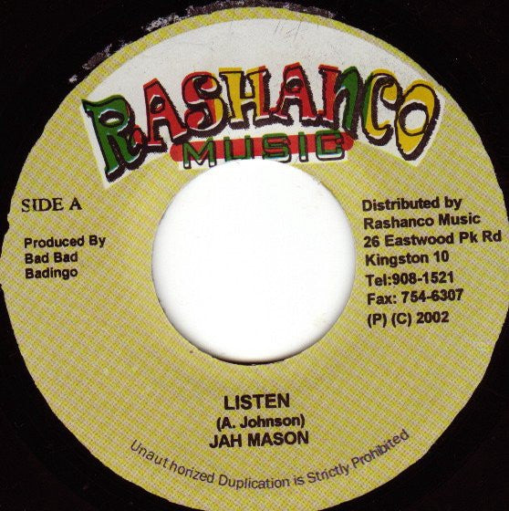 Jah Mason - Listen - VG+ 7" Single 45RPM 2002 Rashanco Jamaica - Reggae / Dancehall - Shuga Records