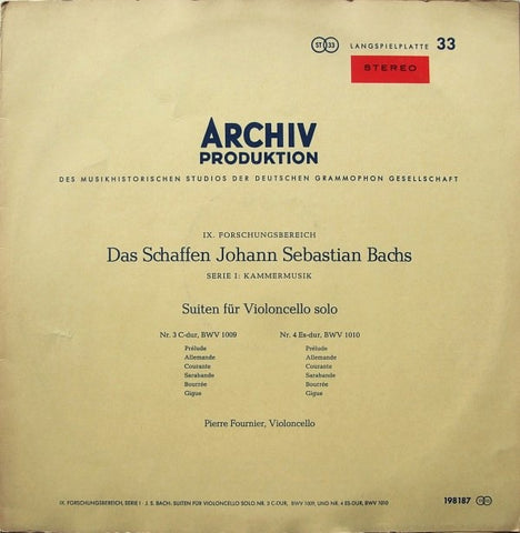 Pierre Fournier ‎– Bach Suiten Für Violoncello Solo Nr. 3 C-Dur, BWV 1009 / Nr. 4 Es-Dur, BWV 1010 - VG+ LP Record 1963 Archiv Produktion German Import RED Stereo Vinyl - Classical