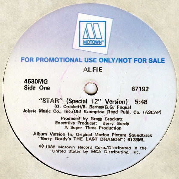 Alfie ‎- Star - Mint- 12" Single Promo 1985 USA - Soul - Shuga Records