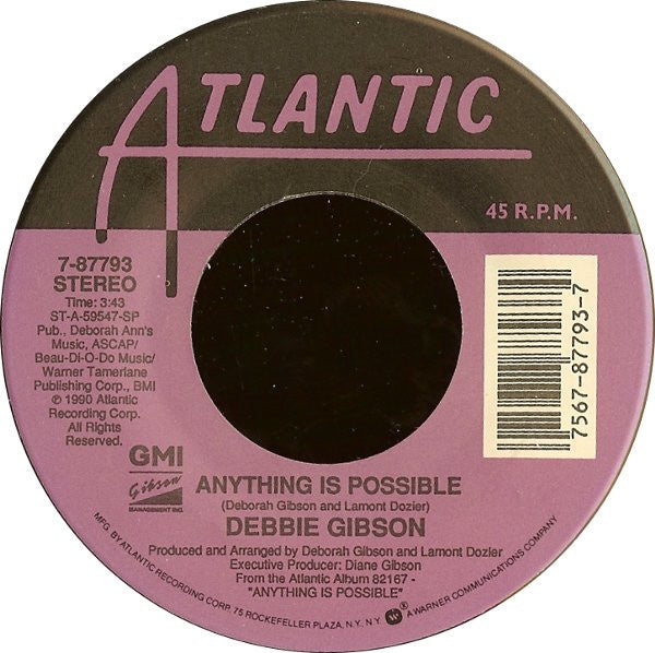 Debbie Gibson ‎– Anything Is Possible / So Close To Forever MINT-  7" Single 45rpm 1990 Atlantic USA - Pop - Shuga Records
