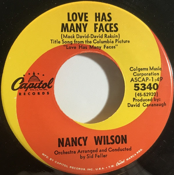 Nancy Wilson - Love Has Many Faces / Don't Come Running Back To Me - VG+ 7" Single 45RPM Capitol USA - Pop - Shuga Records