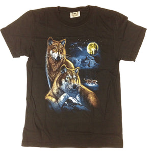 Wolf Family Under the Moon - 100% Cotton Black T-Shirt