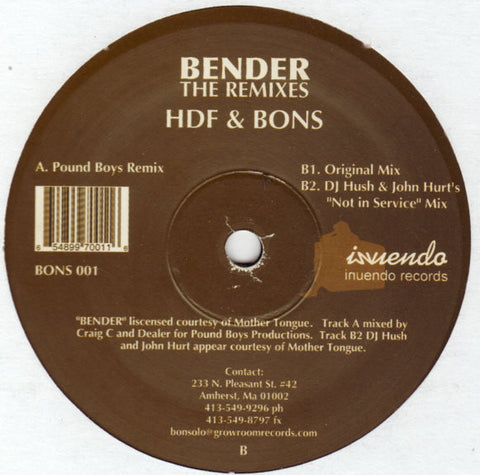 HDF & Bons ‎– Bender (The Remixes) - New 12" Single 2003 Inuendo USA Vinyl - Chicago House / Tech House