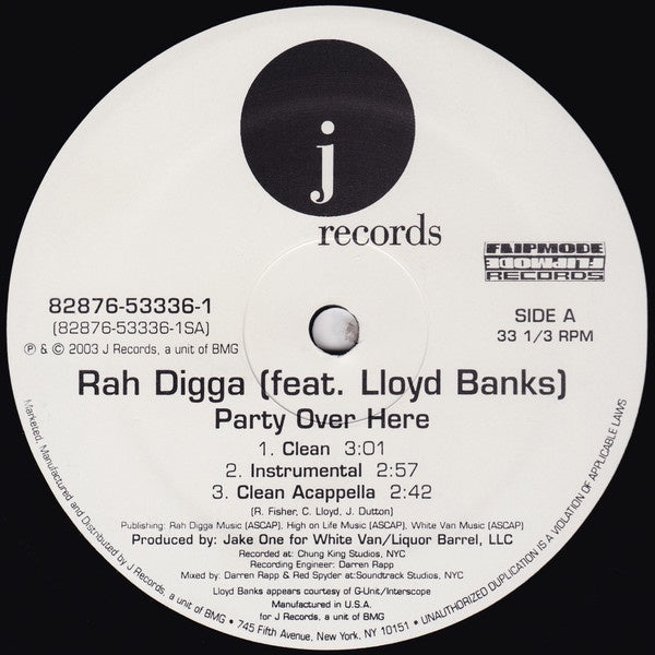 Rah Digga Feat. Lloyd Banks ‎- Party Over Here - VG+ 12" Single 2003 USA - Rap / Hip Hop - Shuga Records