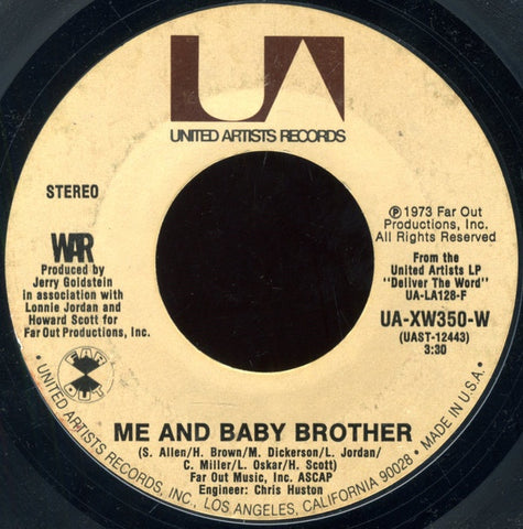 War ‎– Me And Baby Brother / In Your Eyes VG+ 7" Single 1973 United Artists Records - Funk
