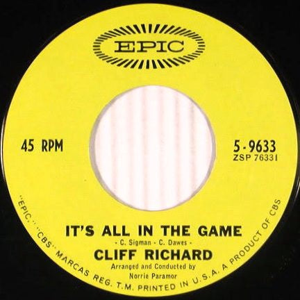 Cliff Richard ‎– It's All In The Game / I'm Looking Out Of The Window - VG+ 45rpm 1963 USA Epic Records - Rock / Blues
