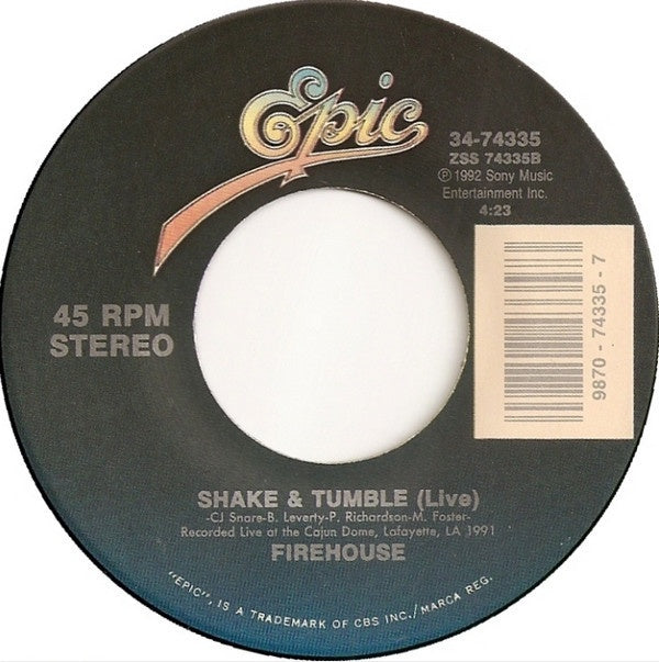Firehouse ‎– Reach For The Sky / Shake & Tumble (Live) - VG+ 45rpm 1992 USA Epic Records - Rock / Heavy Metal / Glam - Shuga Records
