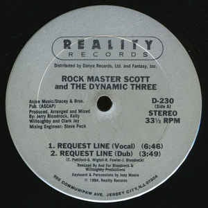 Rock Master Scott And The Dynamic Three ‎– Request Line / The Roof Is On Fire - Mint- 12" Single Record - 1984 USA Reality Vinyl - Electro / Hip Hop - Shuga Records