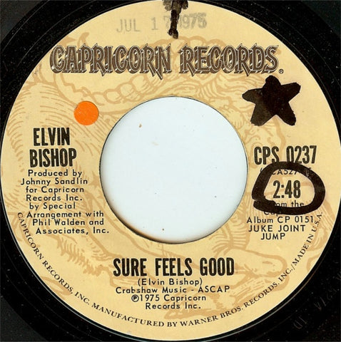 Elvin Bishop ‎– Sure Feels Good / Arkansas Line - VG+ 7" Single 45rpm 1975 Capricorn USA - Rock
