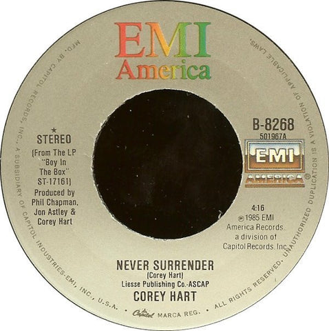 Corey Hart ‎– Never Surrender / Water From the Moon - Mint- 45rpm 1985 USA - Rock / Pop