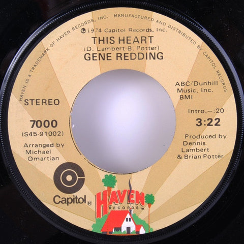 Gene Redding ‎– This Heart / What Do I Do On Sunday Morning? VG+ 7" Single 45rpm 1974 Haven USA - Funk / Soul