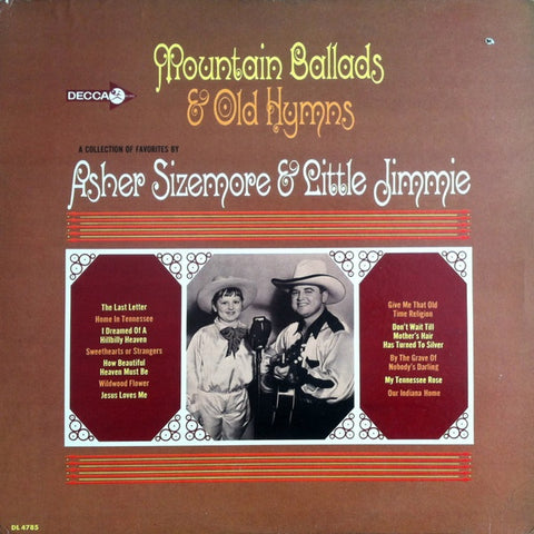 Asher Sizemore & Little Jimmie ‎– Mountain Ballads & Old Hymns - VG Lp Record 1966 Decca USA Mono Vinyl - Country