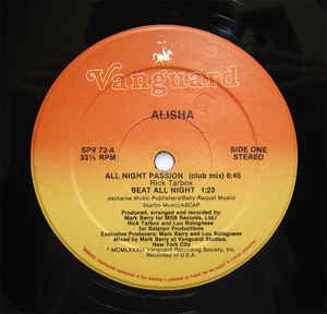 Alisha ‎– All Night Passion - VG+ Single Record - 1984 USA Vanguard - Freestyle / Electro