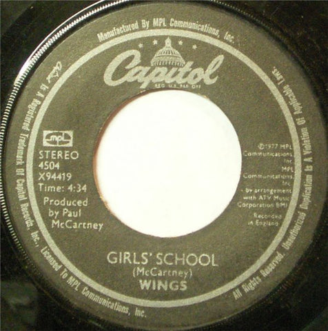 Wings ‎– Mull Of Kintyre / Girls School VG+ 7" Single 45 Record 1977 Capitol USA - Pop Rock