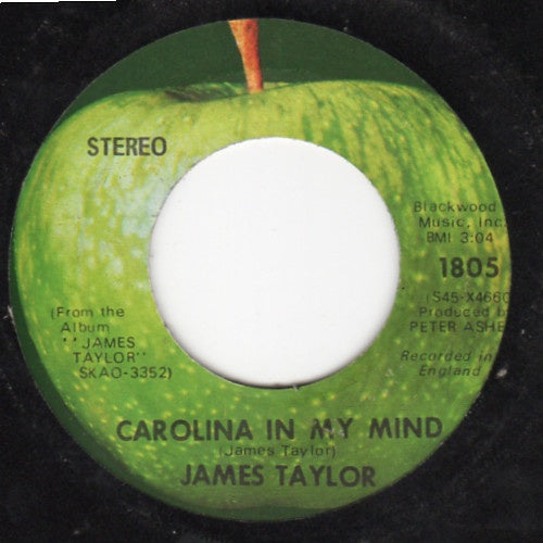 James Taylor - Carolina On My Mind / Something's Wrong - M- 7" Single 45 Record 1969 Apple USA - Rock  / Acoustic - Shuga Records