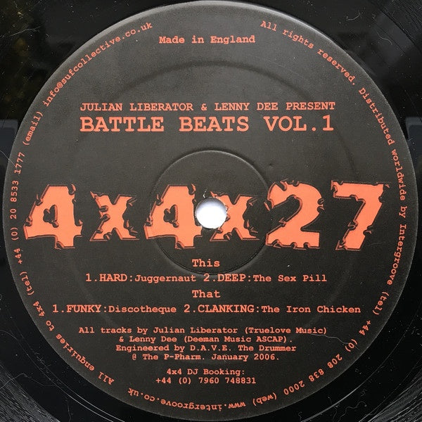 Julian Liberator & Lenny Dee ‎– Battle Beats Vol. 1 - New 12" Ep Record 2006 4 x 4 Recordings UK Import Vinyl - Techno