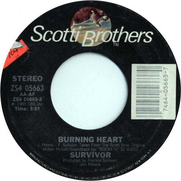 Survivor - Burning Heart / Feels Like Love - Mint- 7" Single 45RPM 1985 Scotti Bros. USA - Pop Rock - Shuga Records