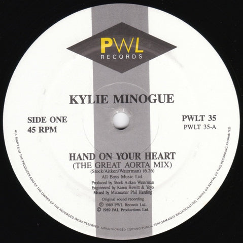 Kylie Minogue - Hand On Your Heart - VG 12" Single 1989 PWL Records USA - Synth-Pop