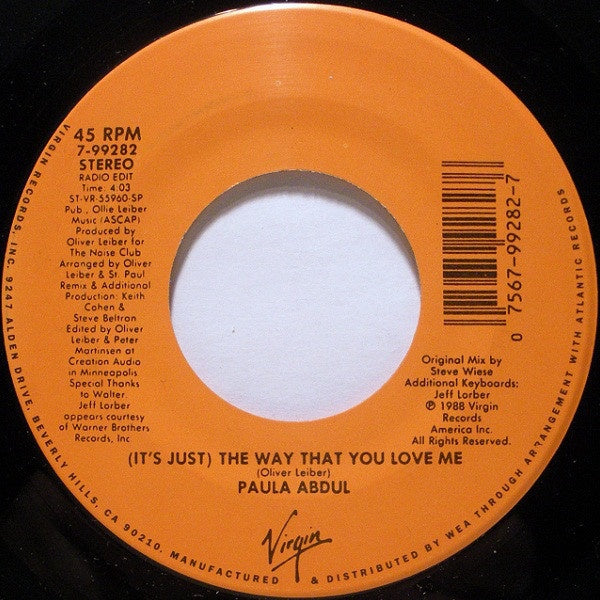 Paula Abdul - (It's Just) The Way That You Love Me - VG+ 7" Single 45RPM 1988 Virgin USA - Synth-Pop - Shuga Records
