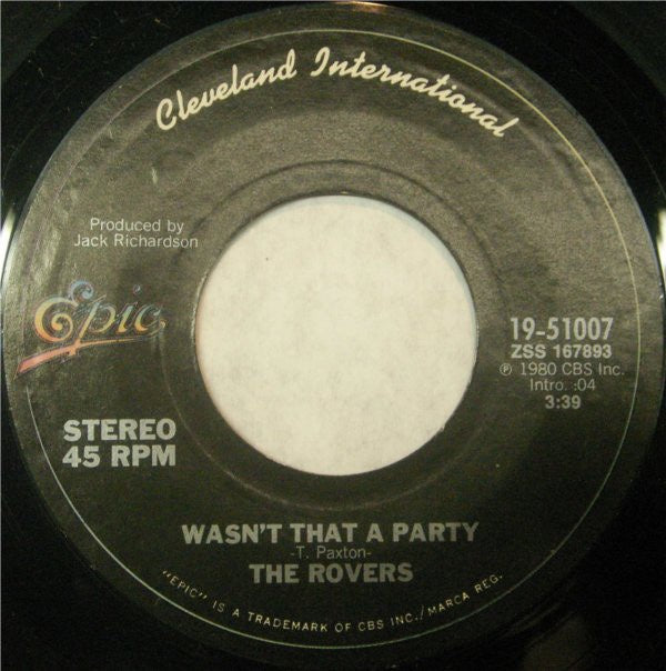 The Rovers ‎– Wasn't That A Party / Matchstalk Men And Matchstalk Cats And Dogs - Mint- 45rpm 1980 Epic - Pop - Shuga Records