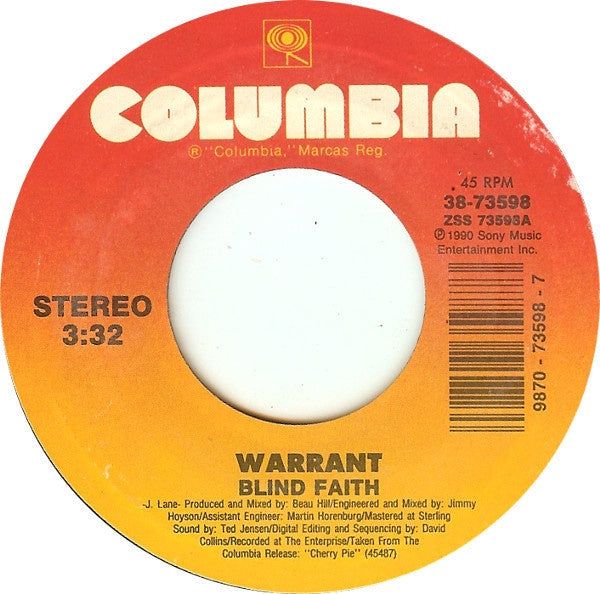 Warrant ‎– Blind Faith / Mr. Rainmaker - VG+ 45rpm 1990 USA - Hard Rock / Glam - Shuga Records