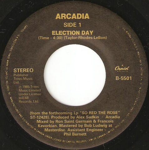 Arcadia ‎– Election Day/ She's Moody And Grey, She's Mean And She's Restless - VG+ 45rpm 1985 USA - Electronic / New Wave / Synth-Pop