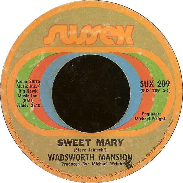 Wadsworth Mansion ‎- Sweet Mary / What's On Tonight - VG+ 7" Single 45 RPM 1970 USA - Funk / Soul - Shuga Records