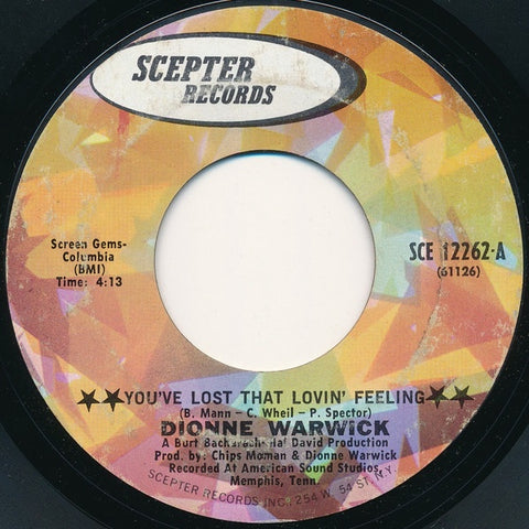 Dionne Warwick ‎– You've Lost That Lovin' Feeling / Window Wishing MINT- 7" Single 1969 Scepter Records - Soul