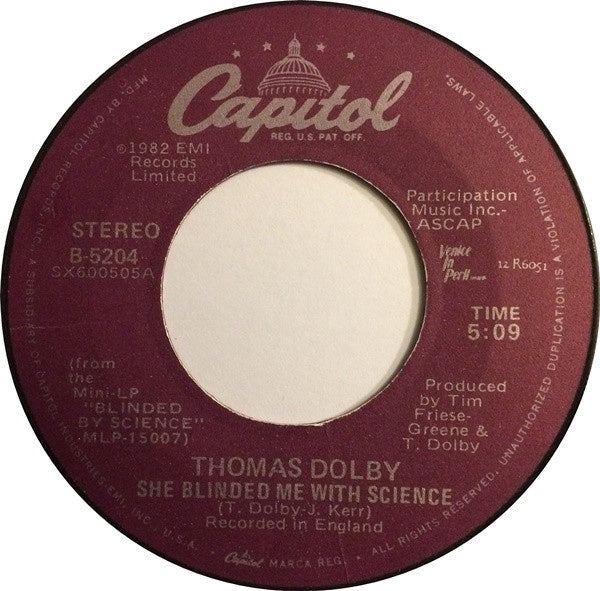 Thomas Dolby ‎– She Blinded Me With Science / Flying North - Mint- 45rpm 1982 Capitol - Syhtn-Pop / New Wave - Shuga Records