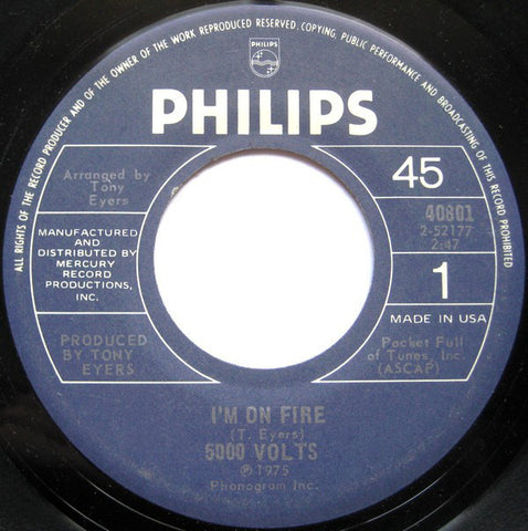 5000 Volts ‎– I'm On Fire / Still On Fire - VG+ 45rpm 1975 USA - Disco