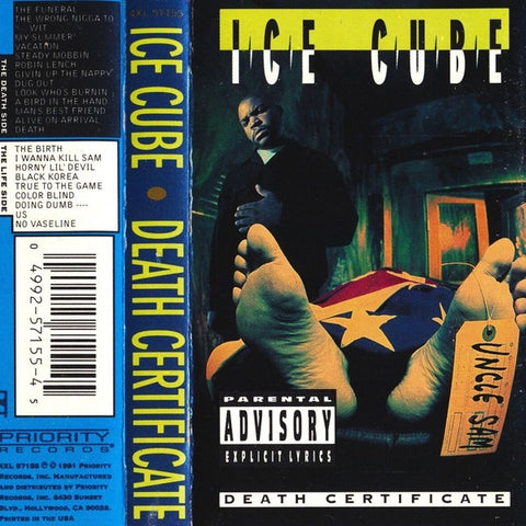 Ice Cube ‎– Death Certificate - Used Cassette 1991 Priority - Hip Hop