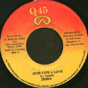 Zebra / Future Troubles - Hype Type A Love / One Two- VG+ 7" Single 45RPM- 1998 Q45 Jamaica - Reggae / Dancehall