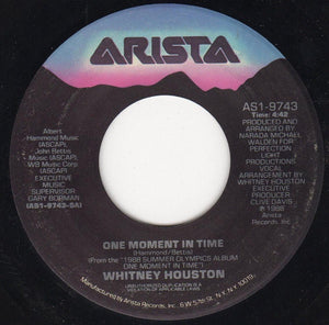 Whitney Houston- One Moment In Time / Love Is A Contact Sport- VG+ 7" Single 45RPM- 1988 Arista USA- Funk/Soul/Pop