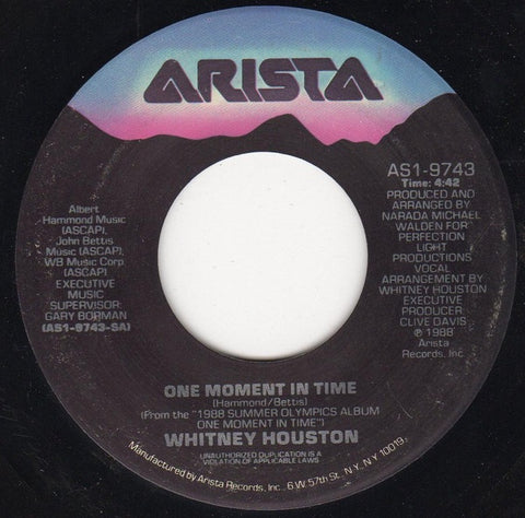Whitney Houston- One Moment In Time / Love Is A Contact Sport- VG+ 7" Single 45RPM- 1988 Arista USA- Funk/Soul/Pop
