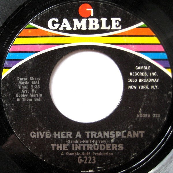 The Intruders ‎- Give Her A Transplant / Girls Girls Girls - VG+ 7" Single 45 RPM 1968 USA - Funk / Soul - Shuga Records