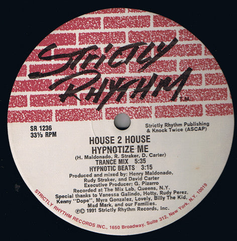 House 2 House - Hypnotize Me VG+ - 12" Single 1991 Strictly Rhythm USA - House