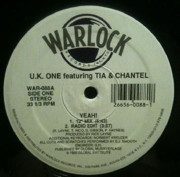 U.K. One - Yeah! VG+ - 12" Single 1990 Warlock USA - Techno