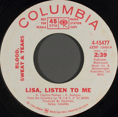 Blood, Sweat, and Tears ‎– Lisa, Listen To Me / Cowboys And Indians - VG+ 7" Promo Single 45rpm 1971 Columbia uSA - Fusion / Jazz-Rock