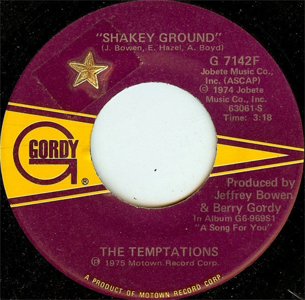 The Temptations ‎– Shakey Ground / I'm A Bachelor - VG  7" Single 45rpm 1975 Gordy US - Soul / Funk