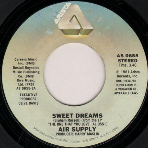 Air Supply ‎– Sweet Dreams / Don't Turn Me Away - VG+ 45rpm 1981 USA - Soft Rock