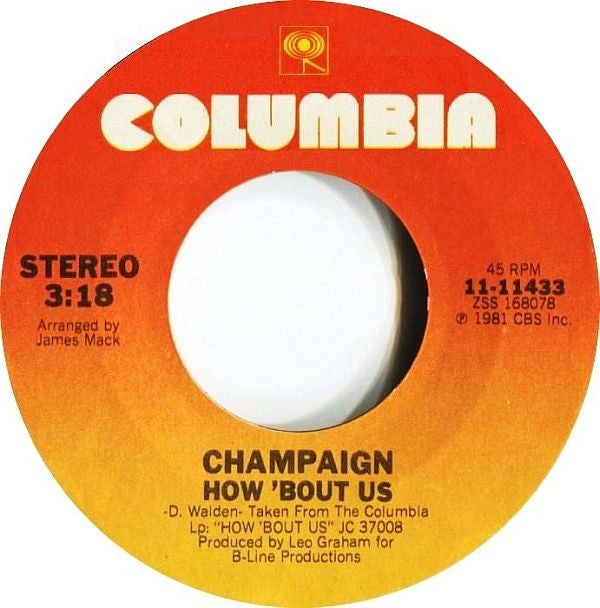 Champaign - How 'Bout Us / Spinnin' - VG+ 7" Single 45RPM 1981 Columbia USA - Funk/Soul - Shuga Records
