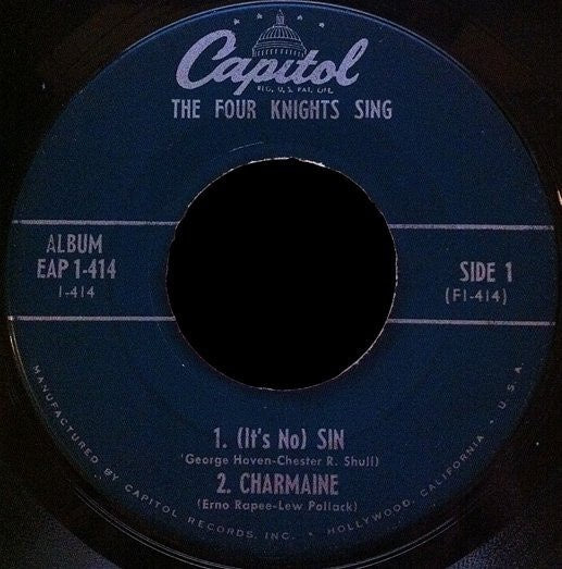 The Four Knights Sing- (It's No) Sin / Charmaine / Cry / The Glory Of Love- VG 7" Single 45RPM- 1955 Capitol RecordsUSA- Funk/ Soul/Blues - Shuga Records