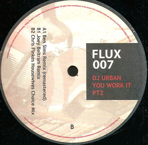 DJ Urban - You Work It (Ben Sims/Joey Beltram/Chris Finke Remixes) - New 12" Single Record 2006 UK Import Flux Vinyl - Techno - Shuga Records