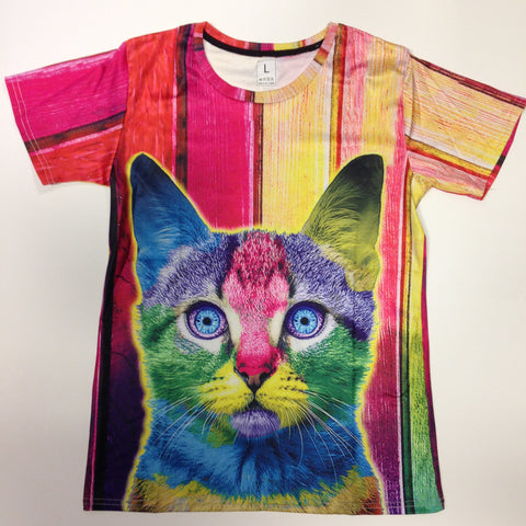 Trippy Multi-Color Cat - 88% Polyester / 12% Spandex Blend T-Shirt