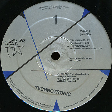 Technotronic - Techno Medley VG+ - 12" Single 1990 SBK USA - House