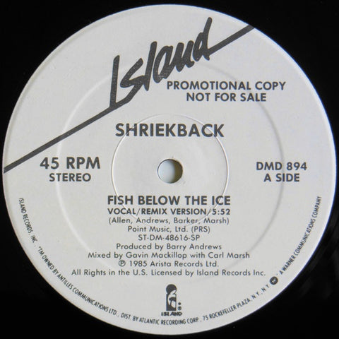 Shriekback ‎– Fish Below The Ice - VG+ 12" Single White Label Promo 1985 USA - Electronic