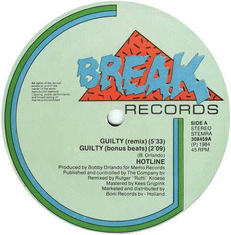 Hotline ‎– Guilty (Special Remix By Rutger "Rutti" Kroese) - VG+ 12" Single 1984 Netherlands Import - Hi NRG / Italo Disco