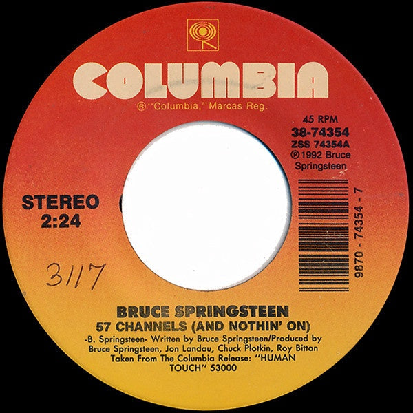 Bruce Springsteen - 57 Channels (And Nothin' On) / Part Man, Part Monkey - VG+ 7" Single 45RPM 1992 Columbia USA - Rock - Shuga Records