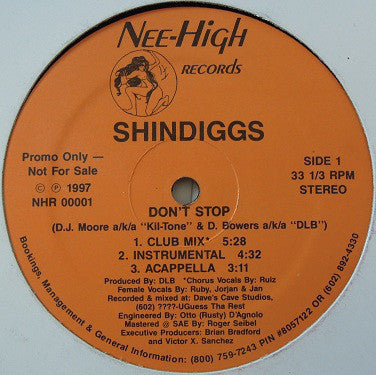 Shindiggs ‎– Don't Stop - VG 12" Single USA Promo (Original Press) 1997 - Hip Hop/Funk